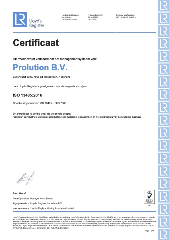 Zertifikat ISO13485 Prolution Hoogeveen